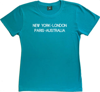 Buy turquoise-round-neck New York London Paris Australia - Ladies V-neck &amp; Round Neck T-shirts