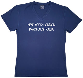 Buy navy-v-neck New York London Paris Australia - Ladies V-neck &amp; Round Neck T-shirts
